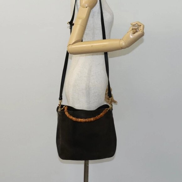 GUCCI Bamboo Hand Bag Suede Leather 2way Brown gold 001 1705 1638 Auth nb444 - Picture 15 of 16
